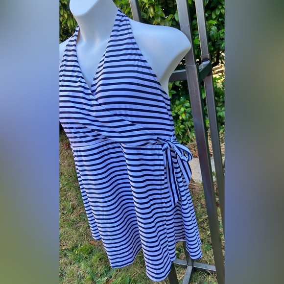 NWT J. Crew Navy and White Striped One-Piece Halter Swimsuit with Skirt Size 24 - Picture 2 of 10